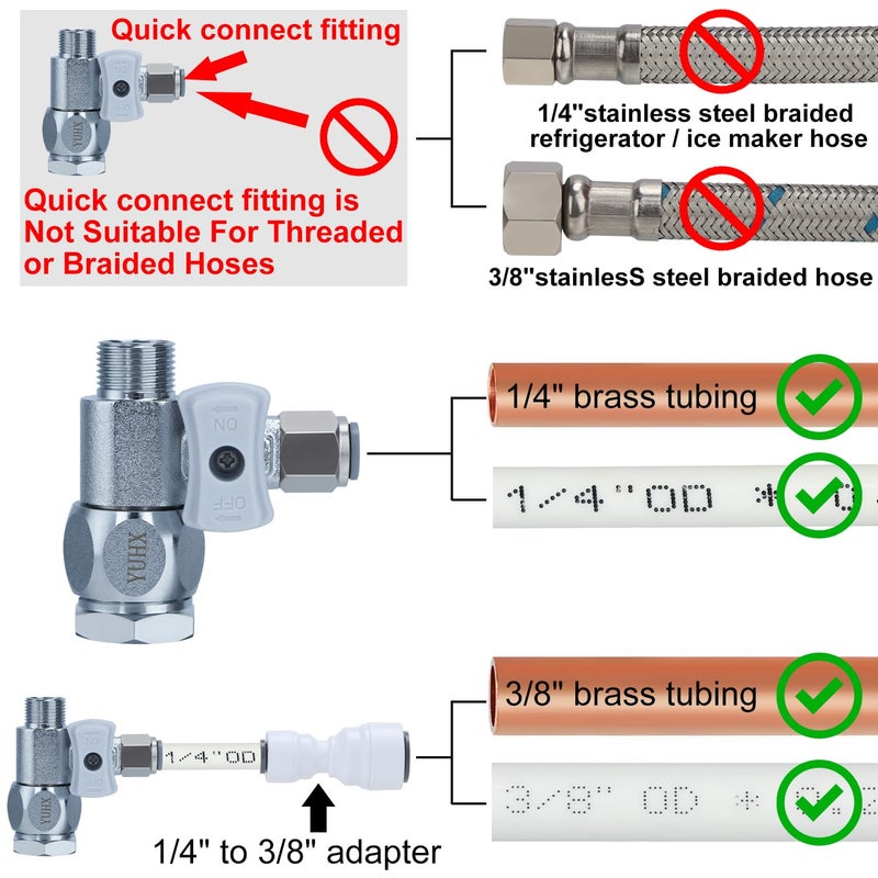 YUHX Feed Water Adapter 3/8" x 1/4" or 3/8" Add-A-Tee, 1/2 x 1/4 or 3/8 Water Line splitter,1/4 Push to Connect not Fit Thread or Braided Hose - Image 3